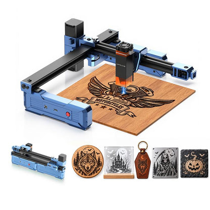 Blue ARTILUME T1 laser engraver with sample engraved projects