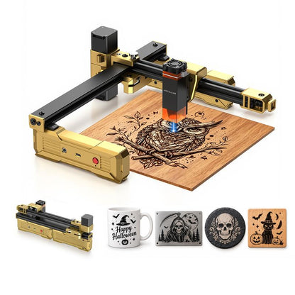 Gold ARTILUME T1 laser engraver with sample engraved projects