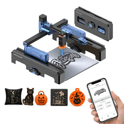 Blue ARTILUME T1 laser engraver with folded storage case and engraving examples
