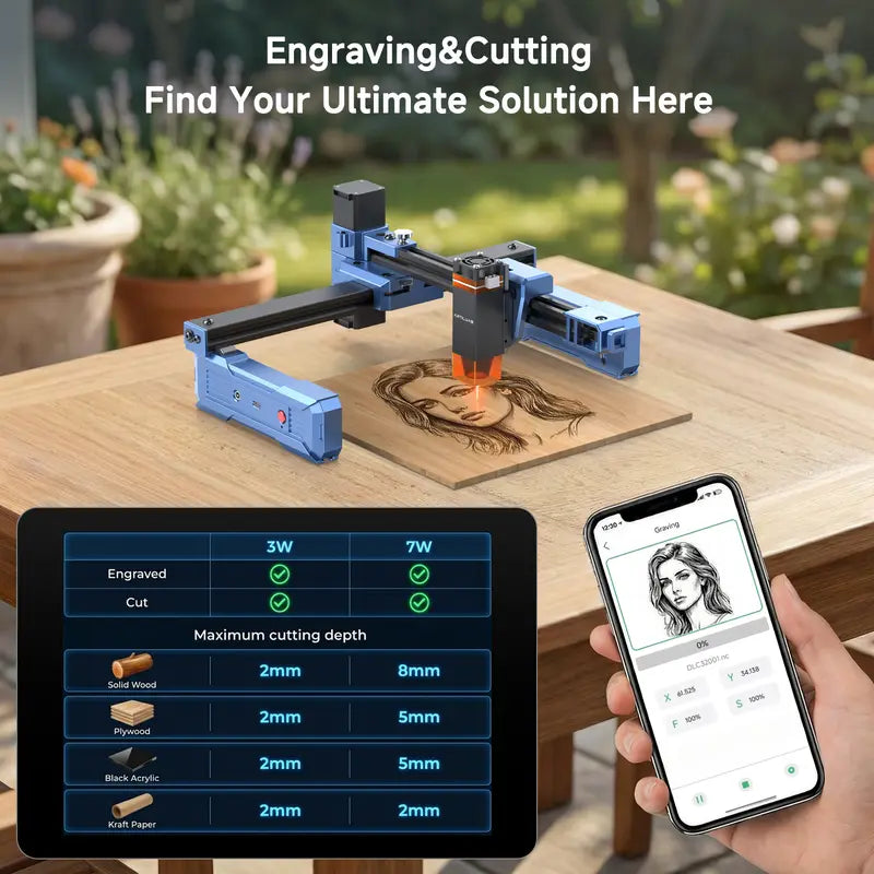 ARTILUME T1 wood engraving and 3W versus 7W cutting depth chart