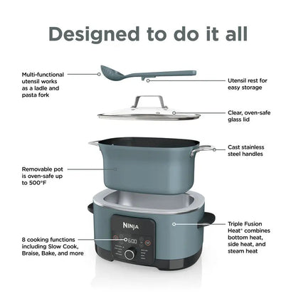 Ninja PossibleCooker Pro components, spoon-ladle, glass lid and removable oven-safe pot