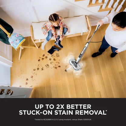 Shark Steam & Scrub steam mop cleaning sealed hard floors; stain comparison test conditions shown